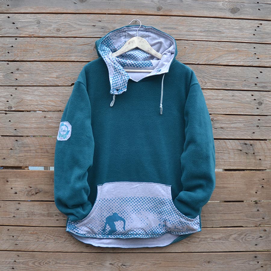 Front fleece Men's reversible hoody in teal and grey marl