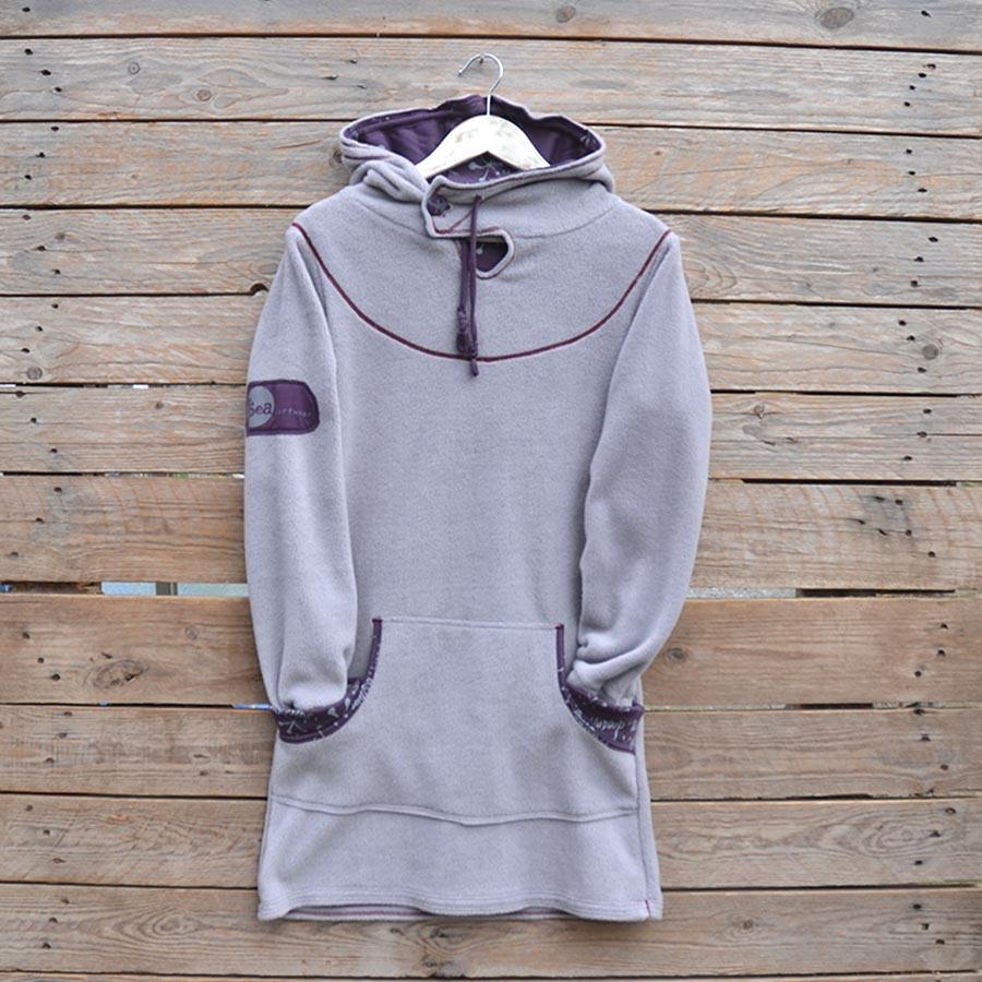 Front Women's hoody dress in light grey and plum