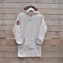 Women's hoody dress in natural and mocha with jungle print in orange ink