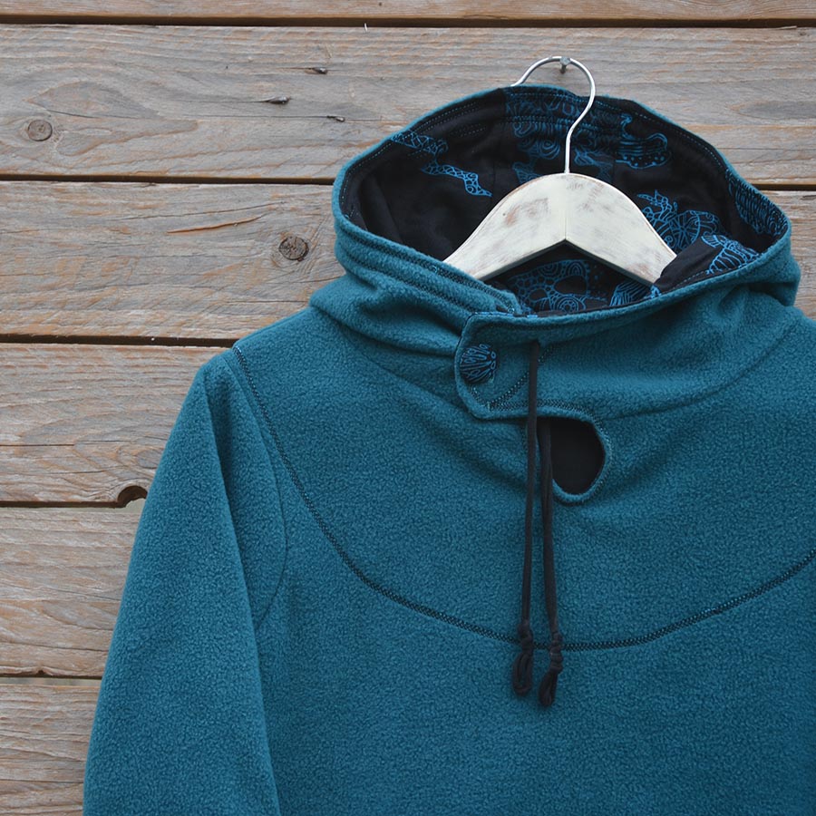 Close up Women's hoody dress in teal and black, size 10