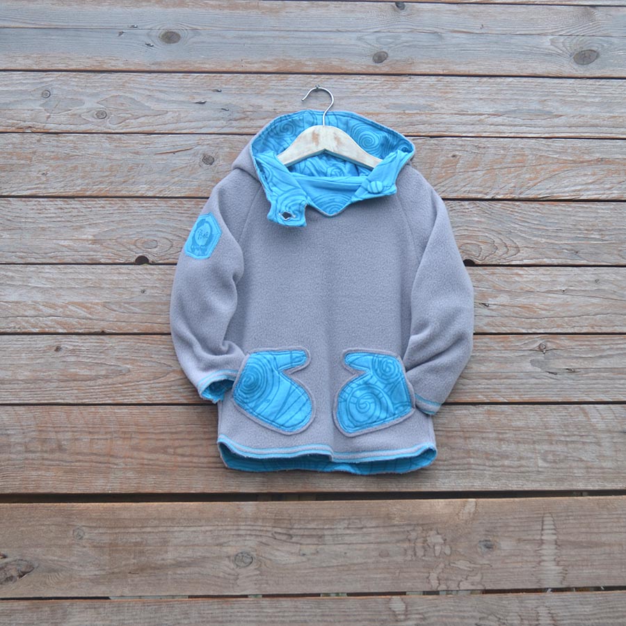 Fleece front Kid's reversible hoody in light grey/turquoise