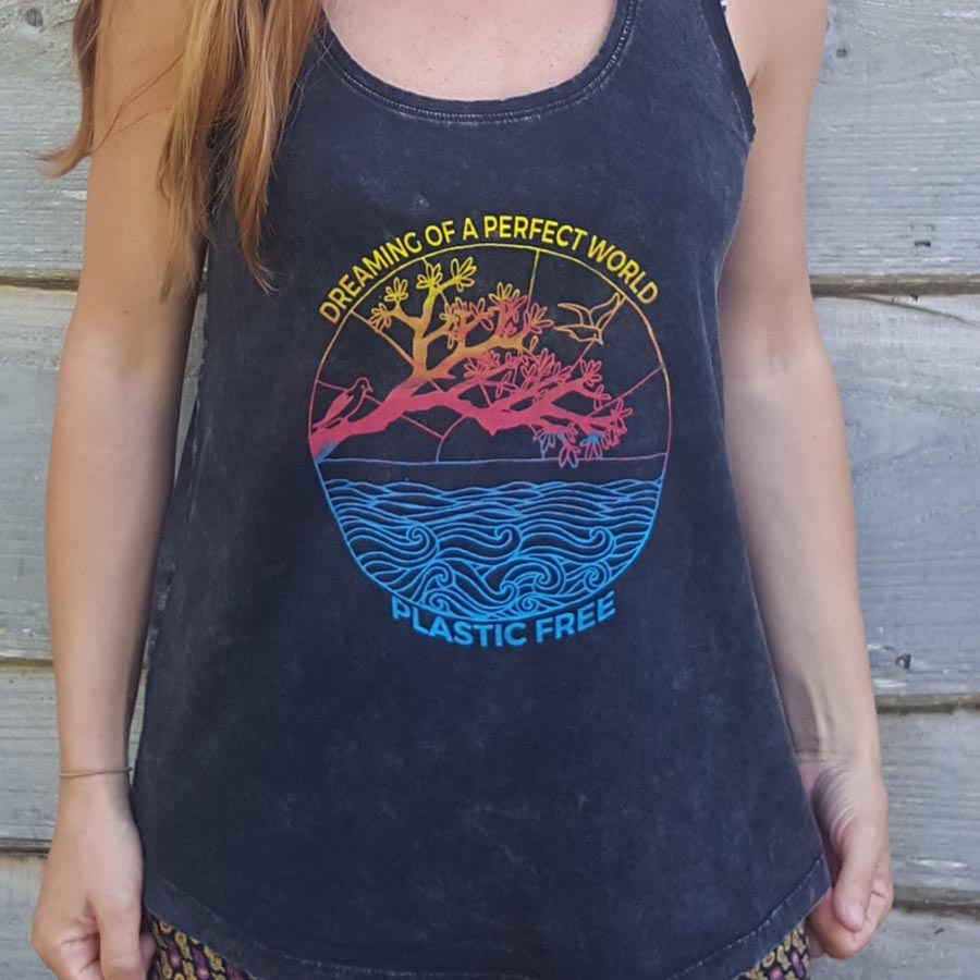 Distressed black vest Racer back vest with plastic free design