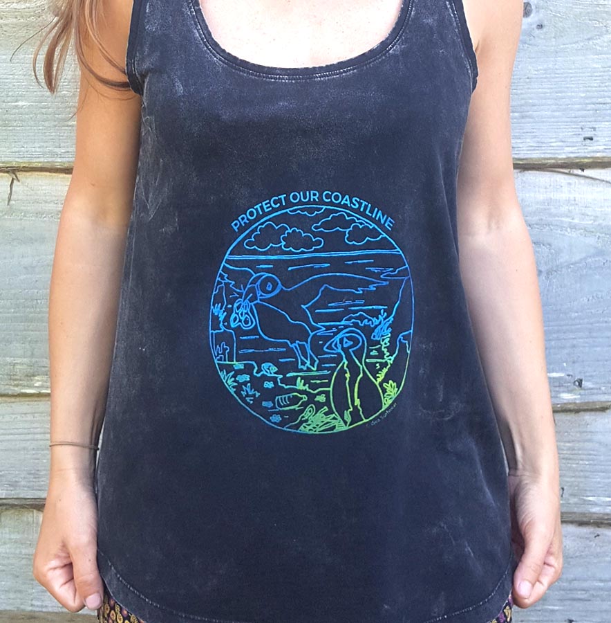 Distressed black racerback vest Distressed black racerback vest with protect our coastline design