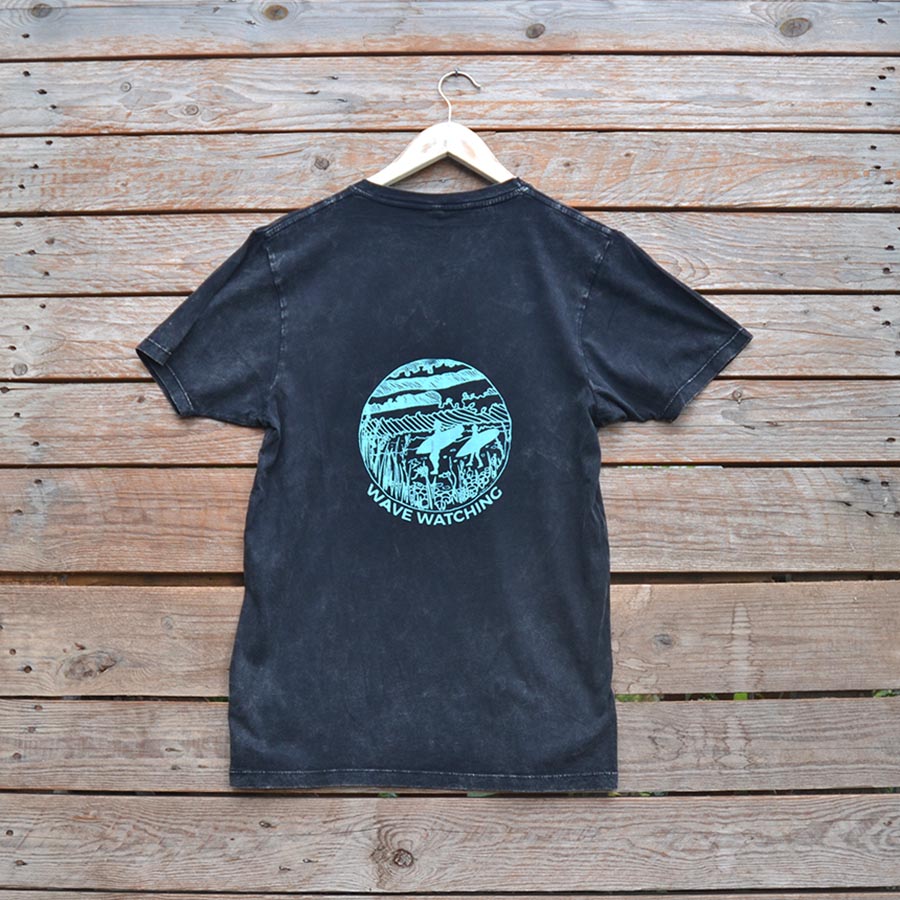 Distressed black with aqua ink wave watching design in aqua ink