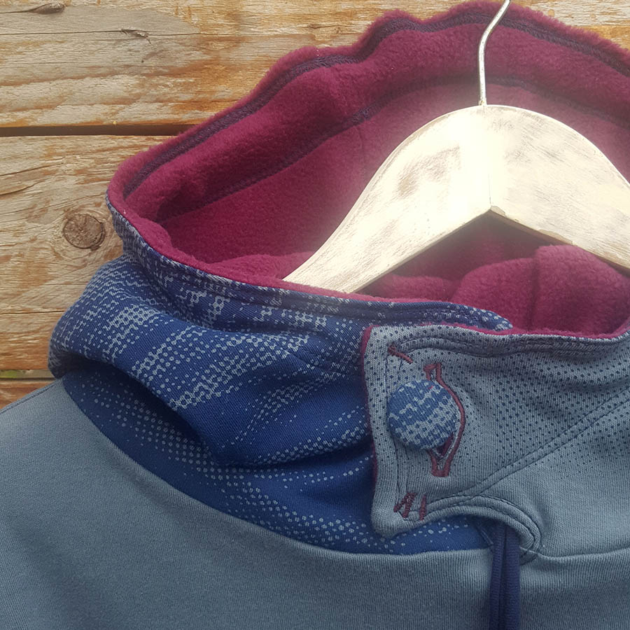 Plum-grey close up button Men's reversible hoody in plum/dark grey
