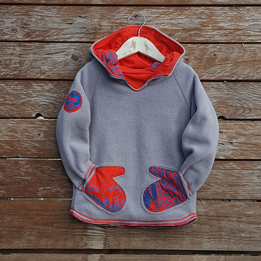 Kid's reversible hoody in light grey/red - Fleece front Kid's reversible hoody in light grey/red - fleece side