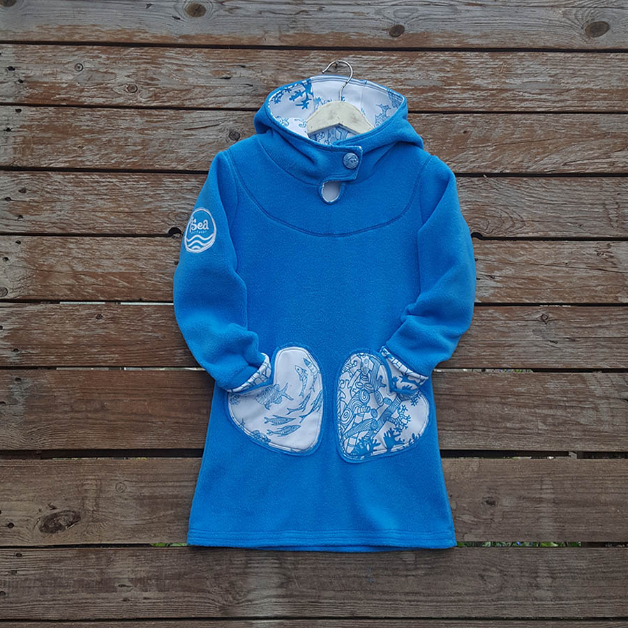 Girl's fleece hoody dress in turquoise/white Girl's fleece hoody dress in turquoise/white