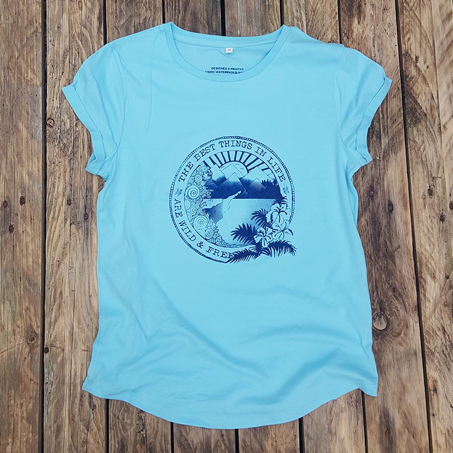 Organic women's t-shirt in aqua - wild and free Organic women's t-shirt in aqua - wild and free