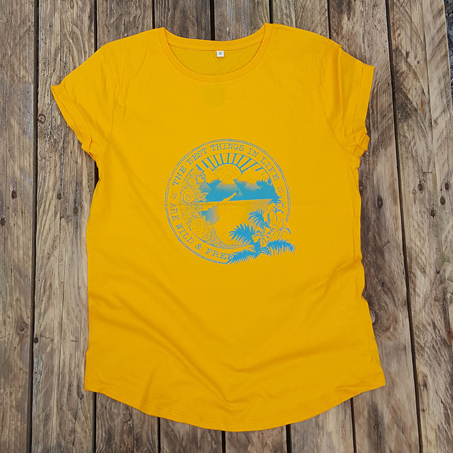 Organic women's t-shirt in gold - wild and free Organic women's t-shirt in gold - wild and free